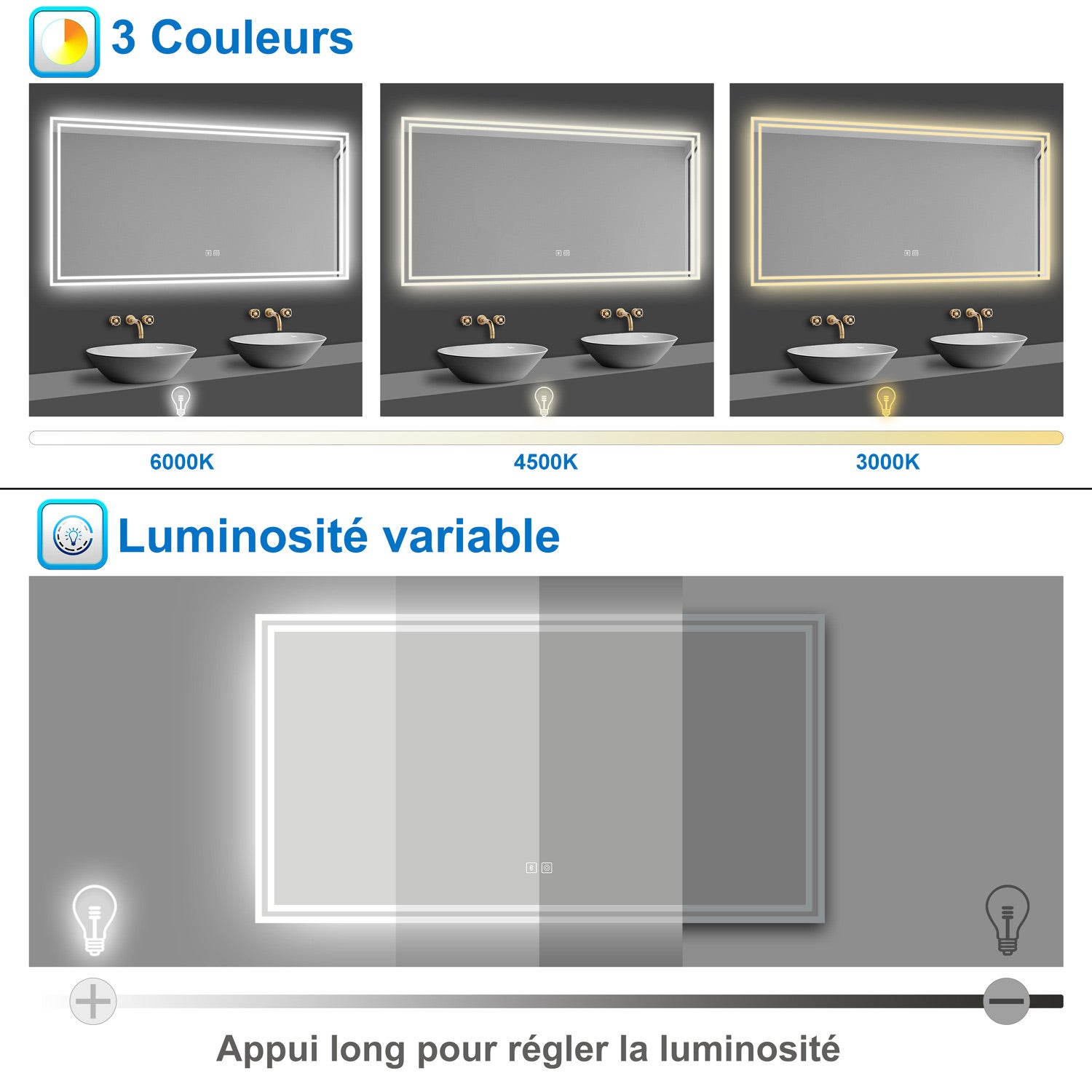 AICA Miroir lumineux 80 x 60cm, bluetooth + 3 couleurs + dimmable + anti-buée + mémoire, miroir salle de bain led - 4