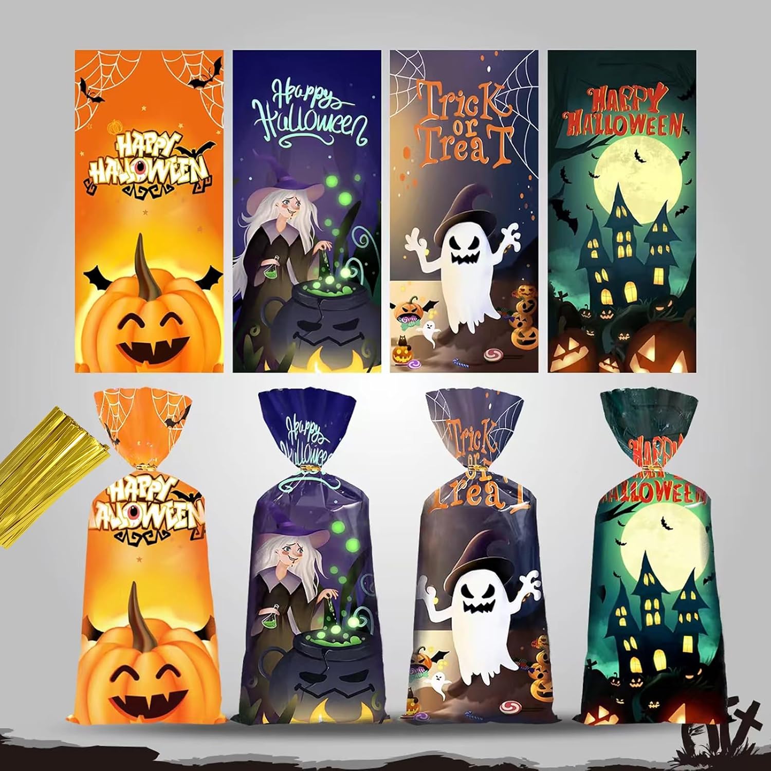 50 sztuk celofanowych torebek na słodycze na Halloween, z zapięciem skręcanym