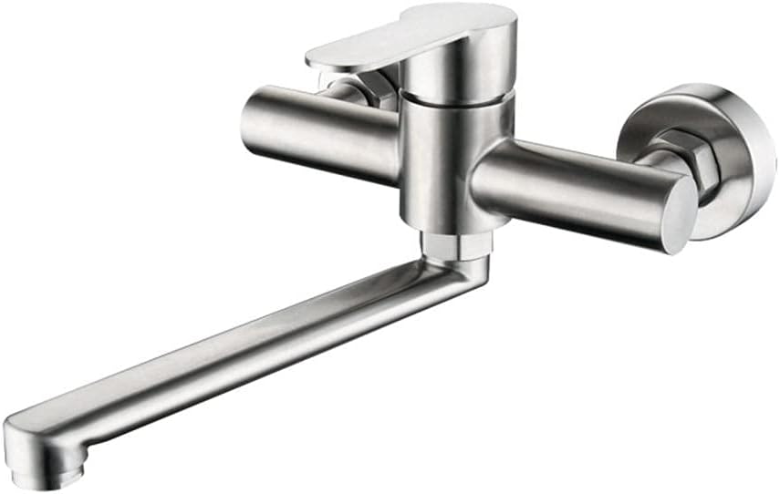 Srebrna bateria kuchenna, obrotowa 360°, odpowiednia do zlewów, montowana na ścianie, zakryta, ze szczotkowanej stali nierdzewnej, wylewka 225 mm