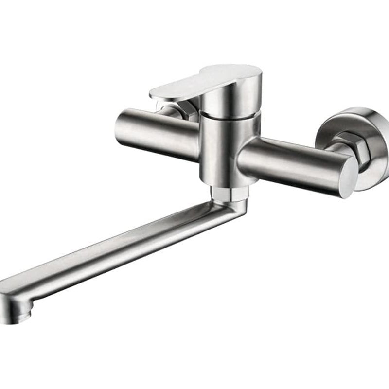 Srebrna bateria kuchenna, obrotowa 360°, odpowiednia do zlewów, montowana na ścianie, zakryta, ze szczotkowanej stali nierdzewnej, wylewka 225 mm