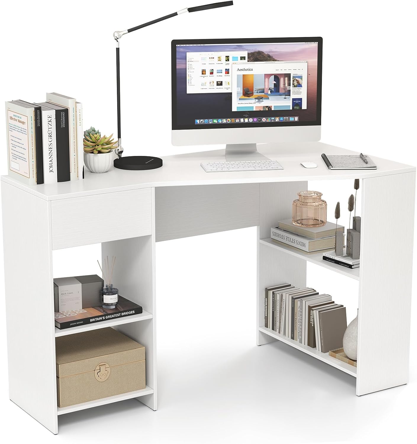 Scrivania Angolare A L Con Libreria - 152cm Per Ufficio Casa, Design Moderno E Funzionale - Foto 10
