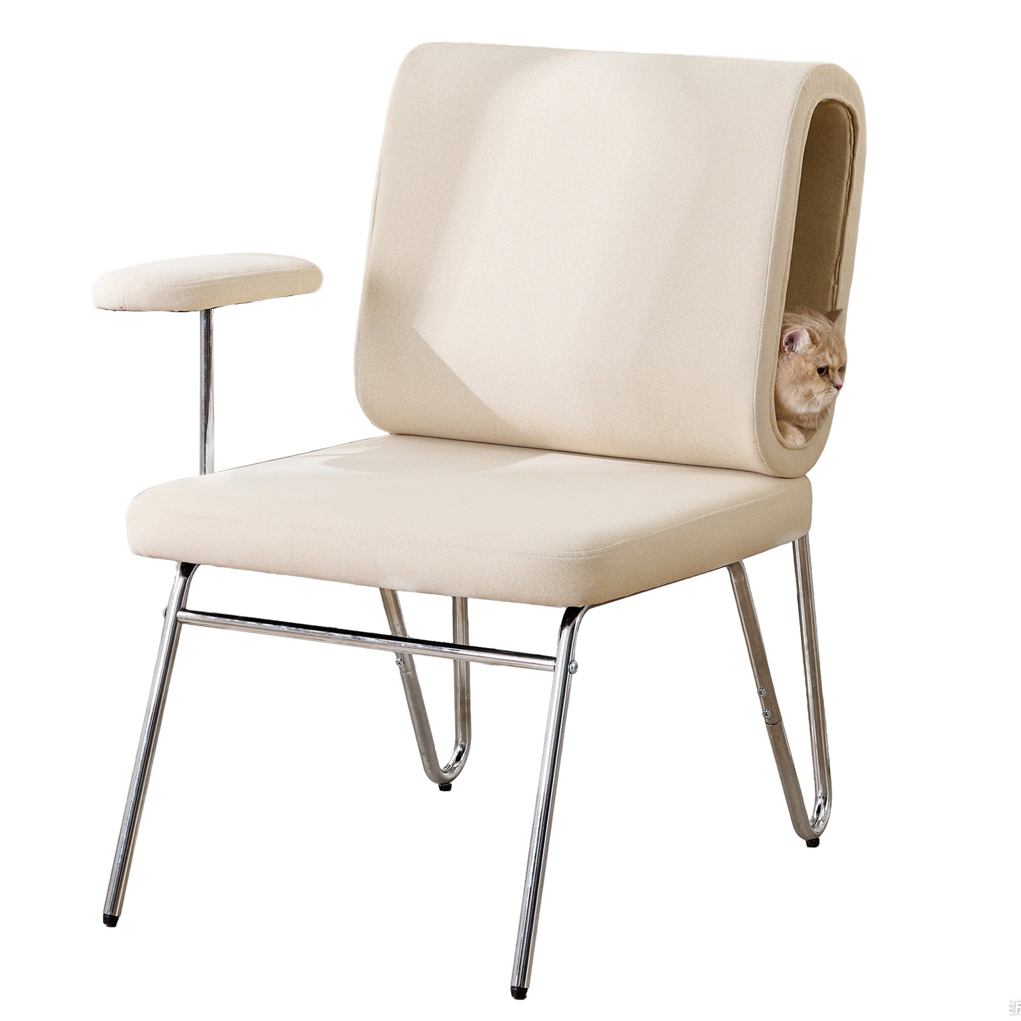 Chaise de bureau rembourré avec accoudoirs - 77 x 70 x 89 cm - Bois + Acier + Tissu anti-griffures - Panier pour chat - Beige - 11