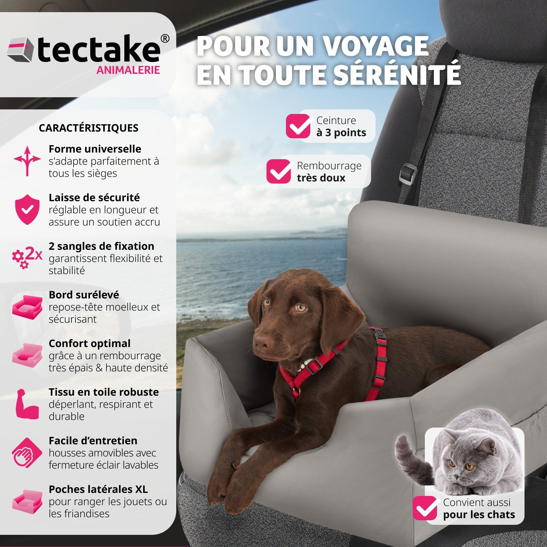 TECTAKE Assento de carro para cães Com 1 correia de segurança e 2 cintos de fixação, ajustável em comprimento - 2