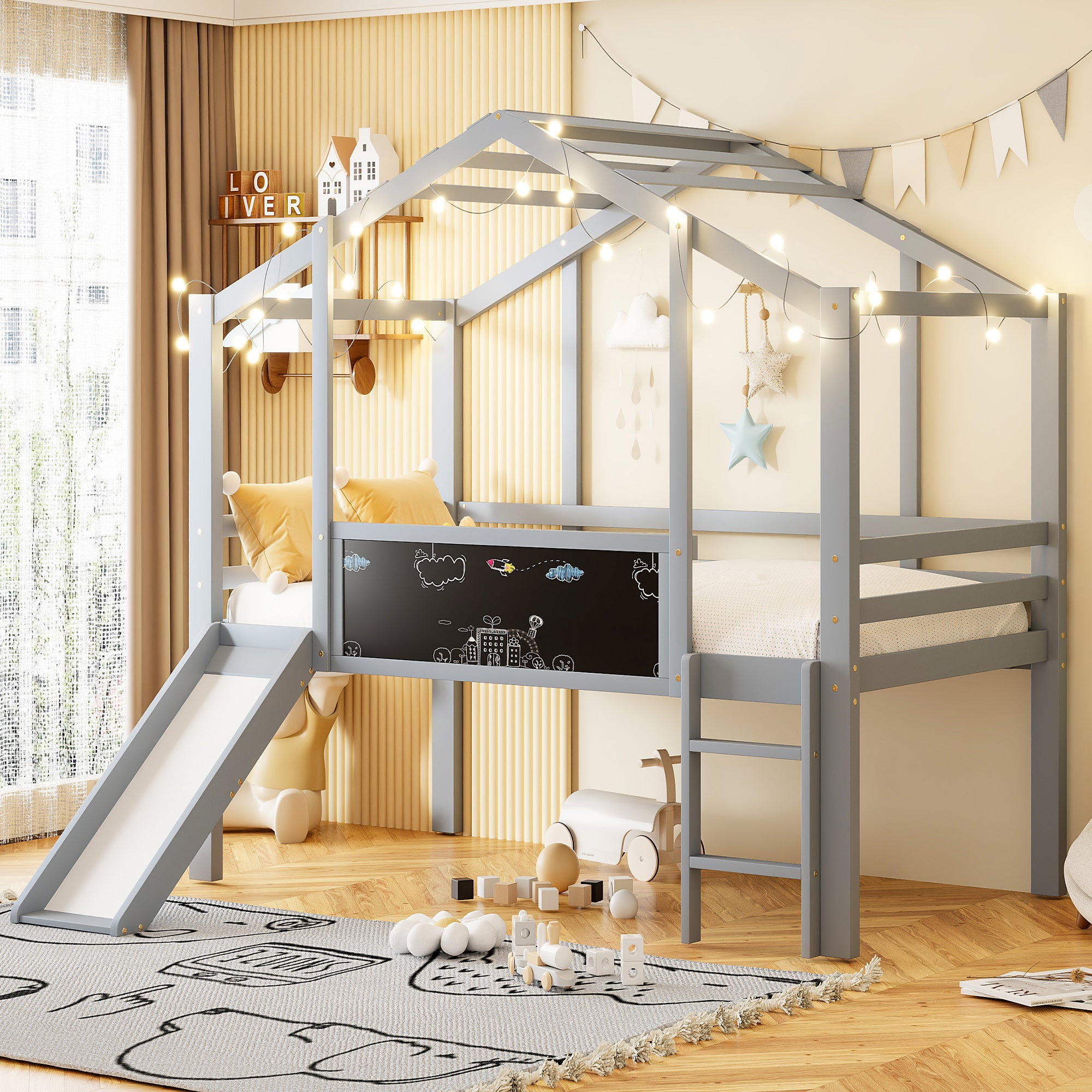 Lit Mezzanine Enfant Avec Toboggan Et Tableau Noir - 90x200 Cm, Bois Massif, Charge 120 Kg | Maisonnette Jeu