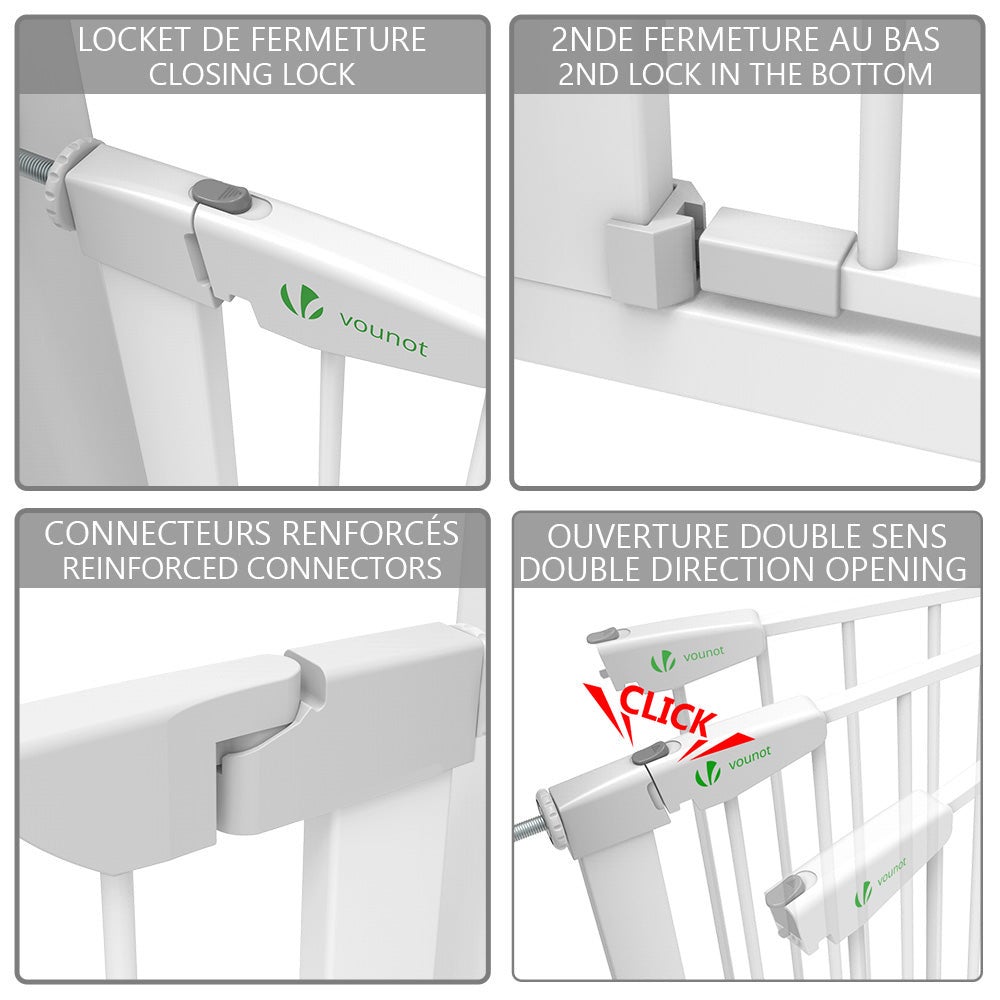 Barrière de sécurité porte et escalier 75-84cm blanc - Sans perçage - Fermeture magnétique - Double verrouillage - VOUNOT® - 5