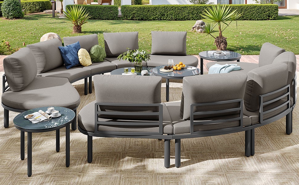 Salon de jardin modulable en acier galvanisé : canapé 10 places + 4 tables basses en verre - Gris - 3