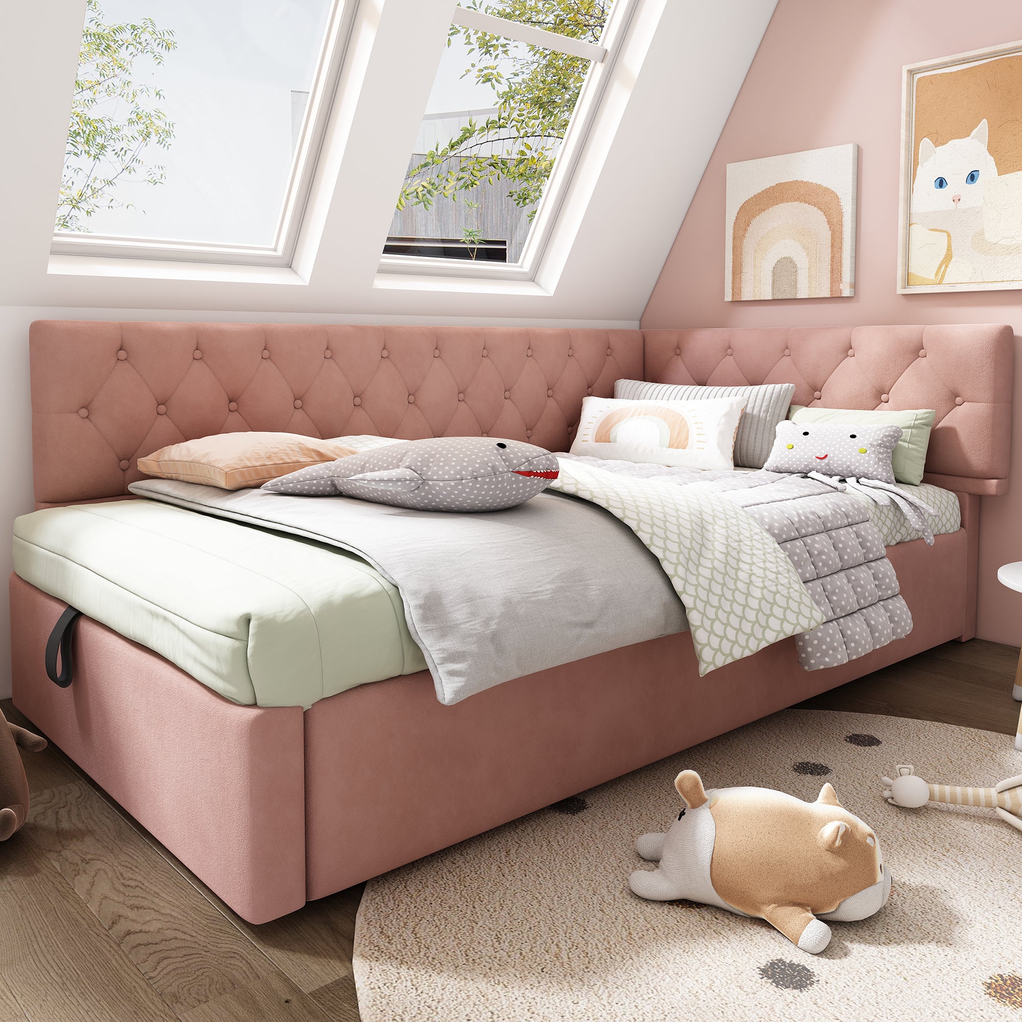 Rozkładana sofa 90 x 190 cm, z hydraulicznym schowkiem, aksamitna, różowa.