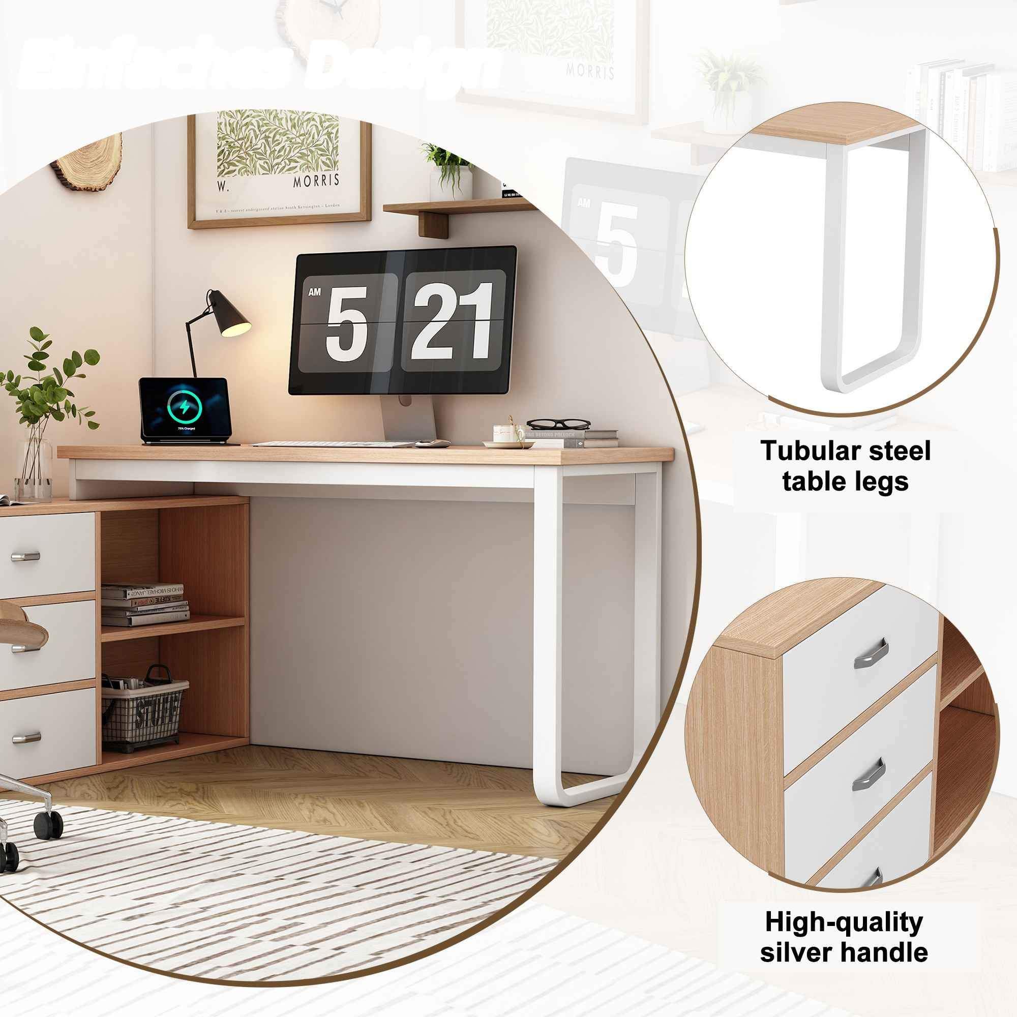 Bureau de travail naturel robuste avec 3 tiroirs, 2 étagères ouvertes, plateau épais et cadre acier massif - 6