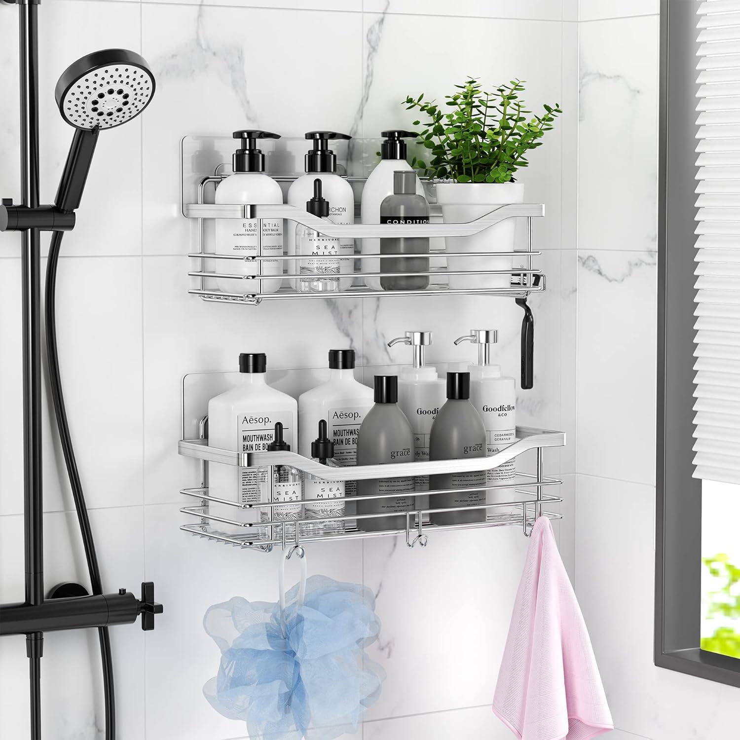Mensola Doccia Acciaio Inox Set 2 Adesivo Potente Organizzazione Senza Foratura - 6
