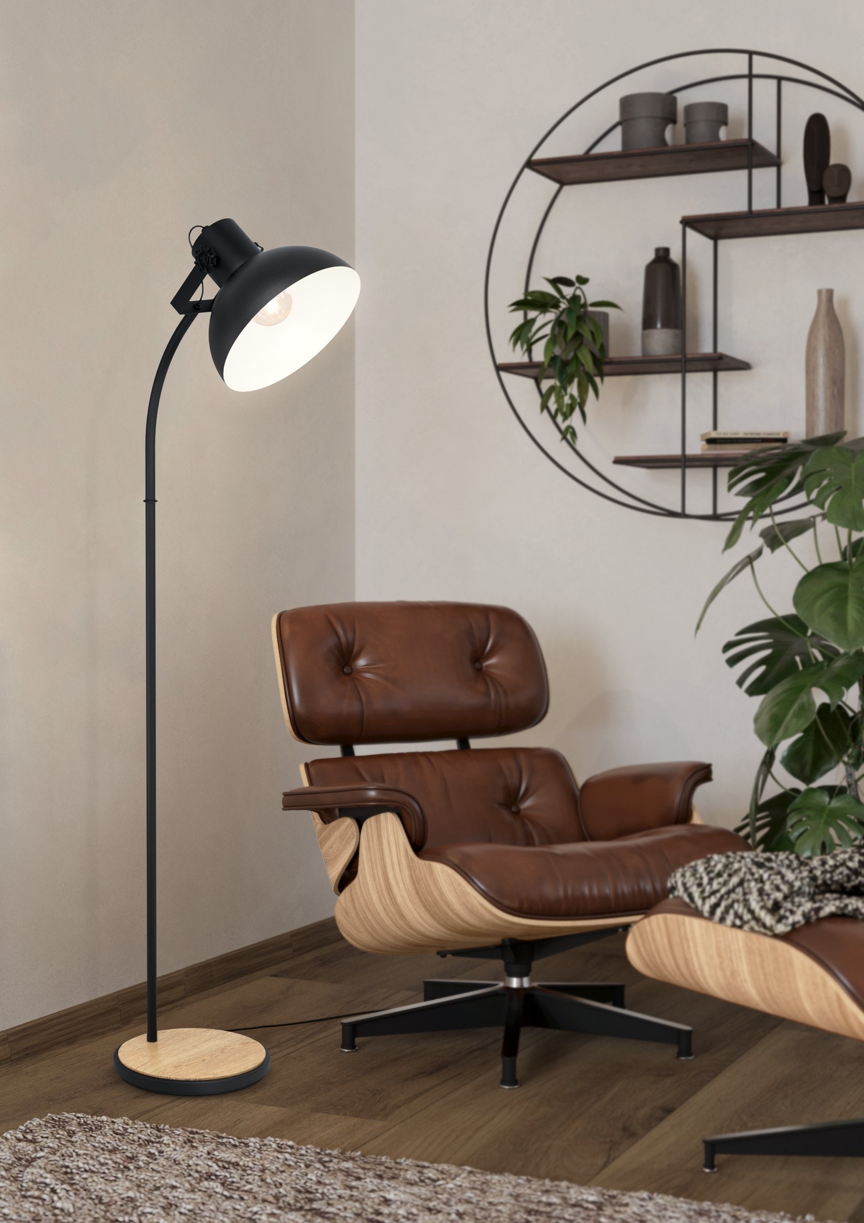Piantana Lubenham, design industrial, acciaio nero e crema e legno naturale FSC, per soggiorno e camera da letto, E27, Ø47,5 H160 cm - EGLO - 2
