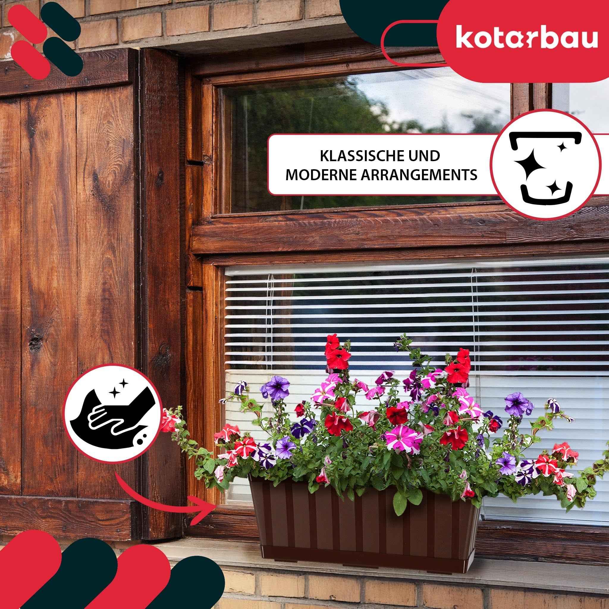 Doniczka - Skrzynka Balkonowa - 40 x 18 x 14 cm - Skrzynia na Balustradę Balkon - Donica z Podstawką - Brąz KOTARBAU - 4