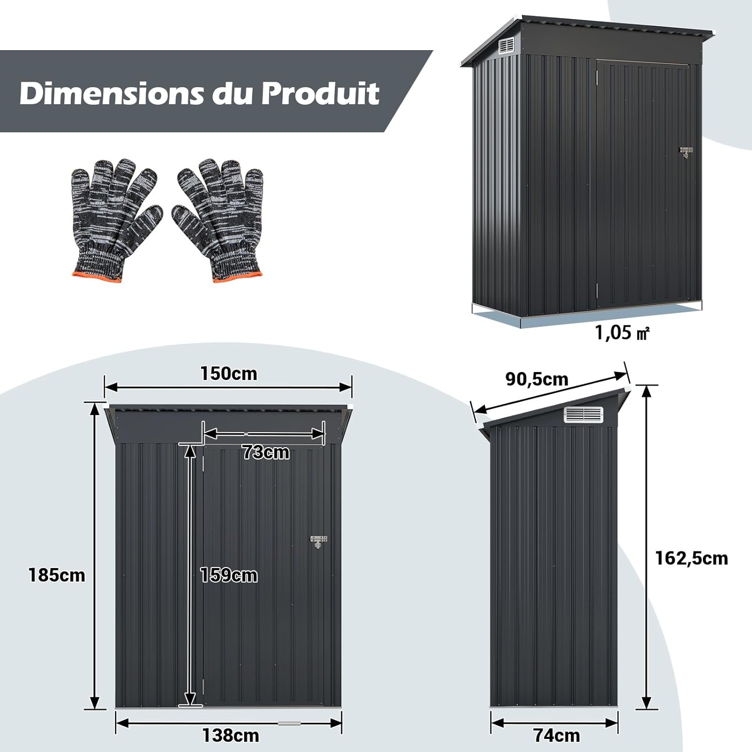 Abri de Jardin Métal Galvanisé 1,02m², Cabane Jardin Exterieur 1,88 m³avec Loquet, Toit en Pente, 4 Gants, 2 Trous d’Aérations, Gris - 2