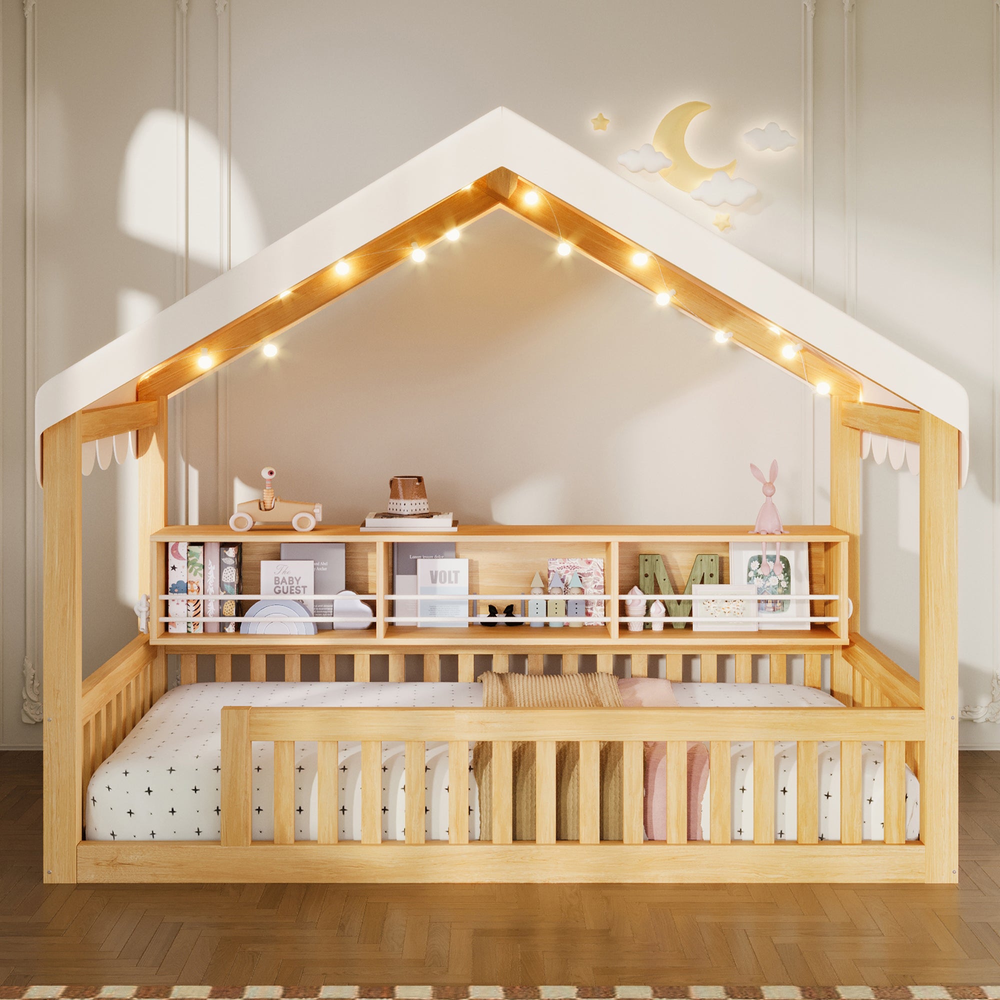 Lit cabane avec LED et étagère, avec barrière de sécurité, en bois ...
