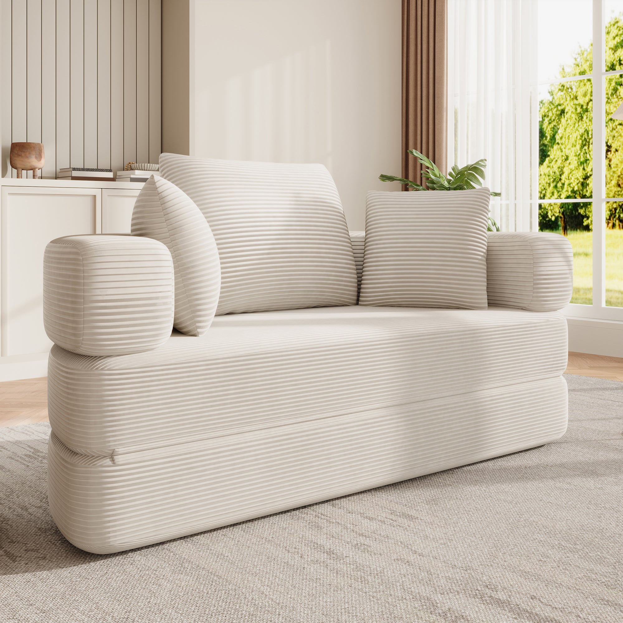 Canapé rond pliable 173x176x40cm - avec coussin - tissu en velours côtelé - beige - 3
