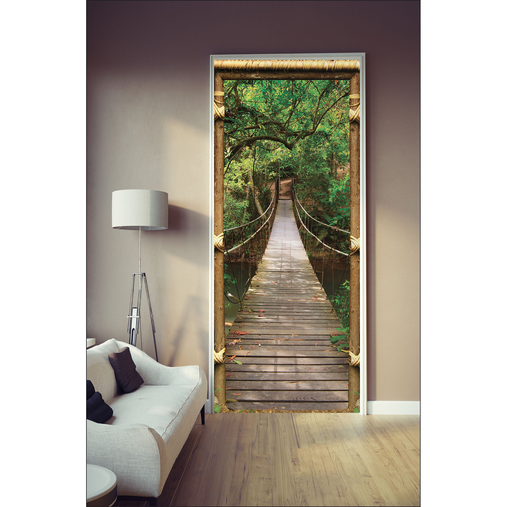 Pegatina decorativa de la puerta, carriement de la puerta de una cabaña vista en el puente de madera hacia la jungla, tailandia, 204 cm x 83 cm