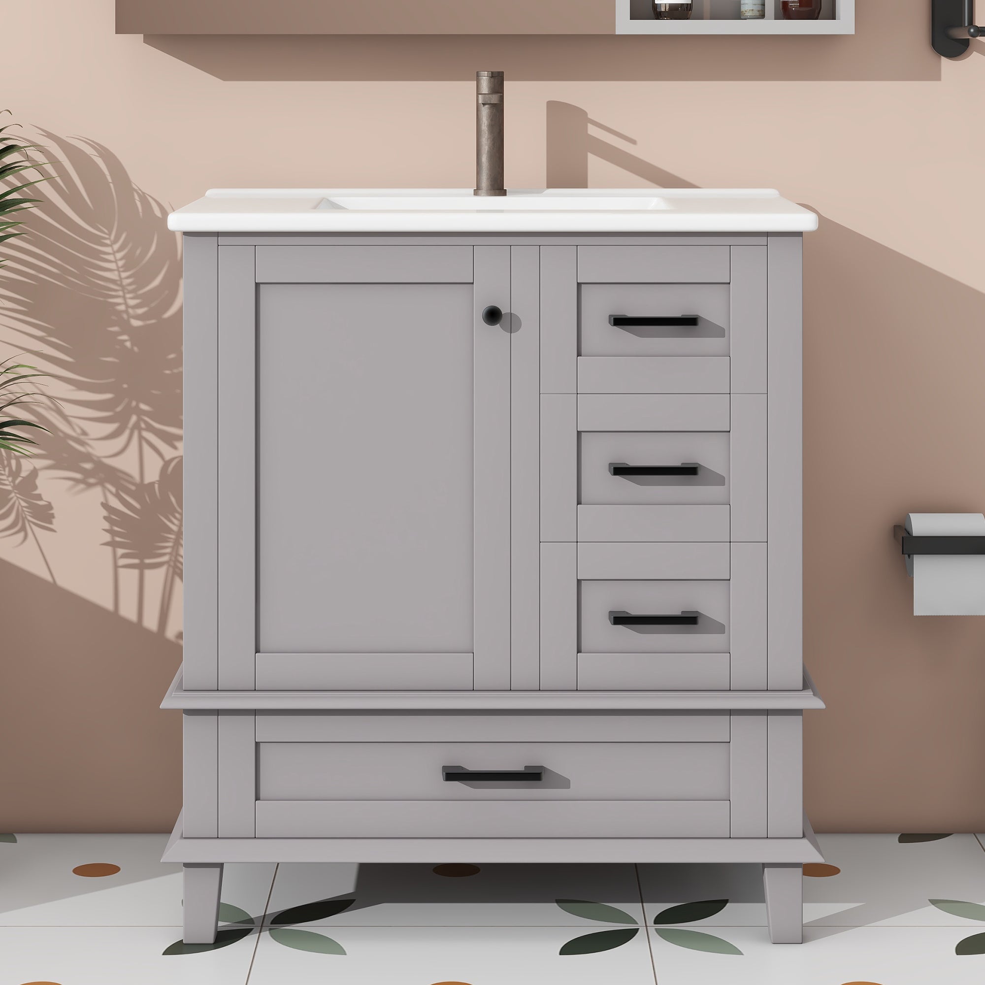 Meble łazienkowe na nogach - z ceramiczną umywalką - 1 drzwi i 3 szuflady - Szary (bateria nie jest dołączona)