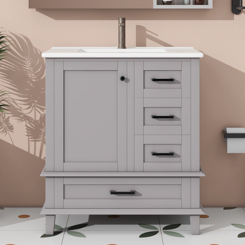 Meble łazienkowe na nogach - z ceramiczną umywalką - 1 drzwi i 3 szuflady - Szary (bateria nie jest dołączona)