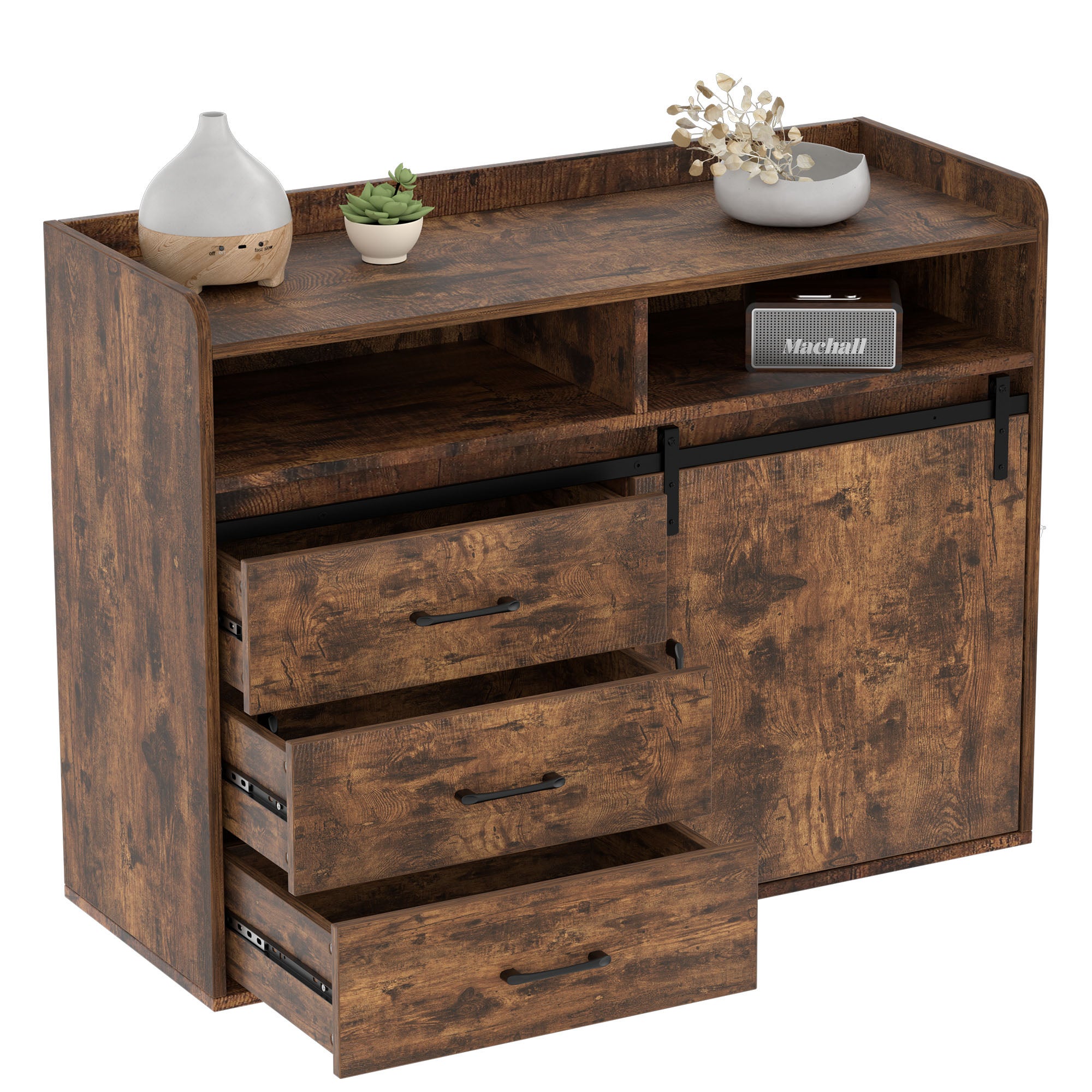 HOMAVO Buffet avec 3 Tiroirs, 1 Porte Coulissante et 2 Compartiments Ouverts – Meuble de Rangement - 3