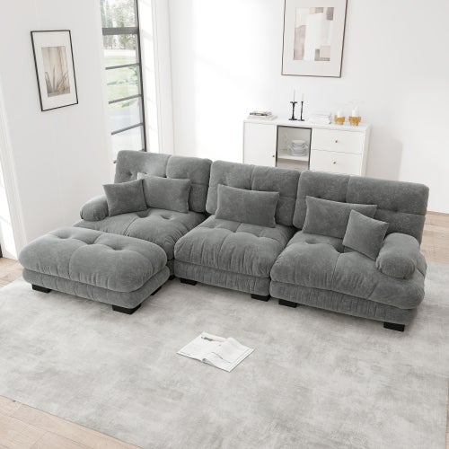 Canapé d'angle, canapé en U pour salon à 3 place avec pouf amovible, en tissu, gris - 2