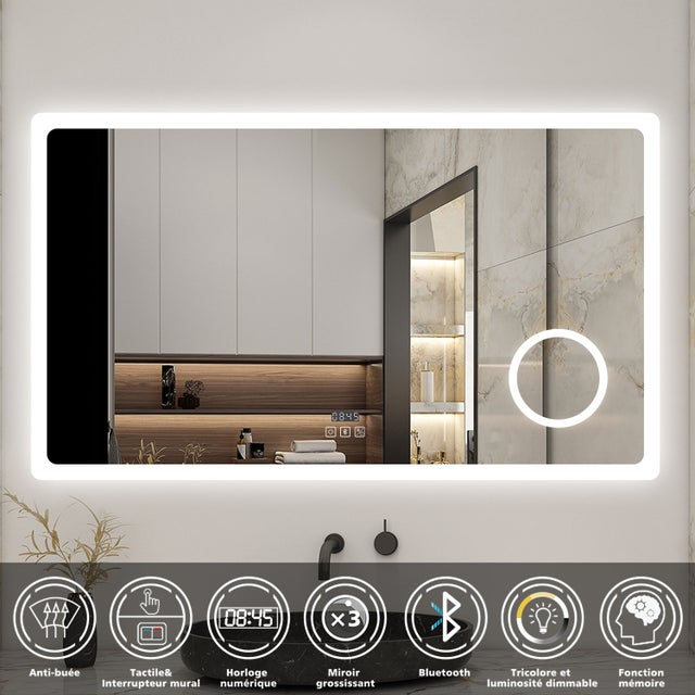 Miroir Salle De Bain LED Avec Bluetooth, Horloge, Interrupteur - Alasta, Neuf, Dimensions Variables