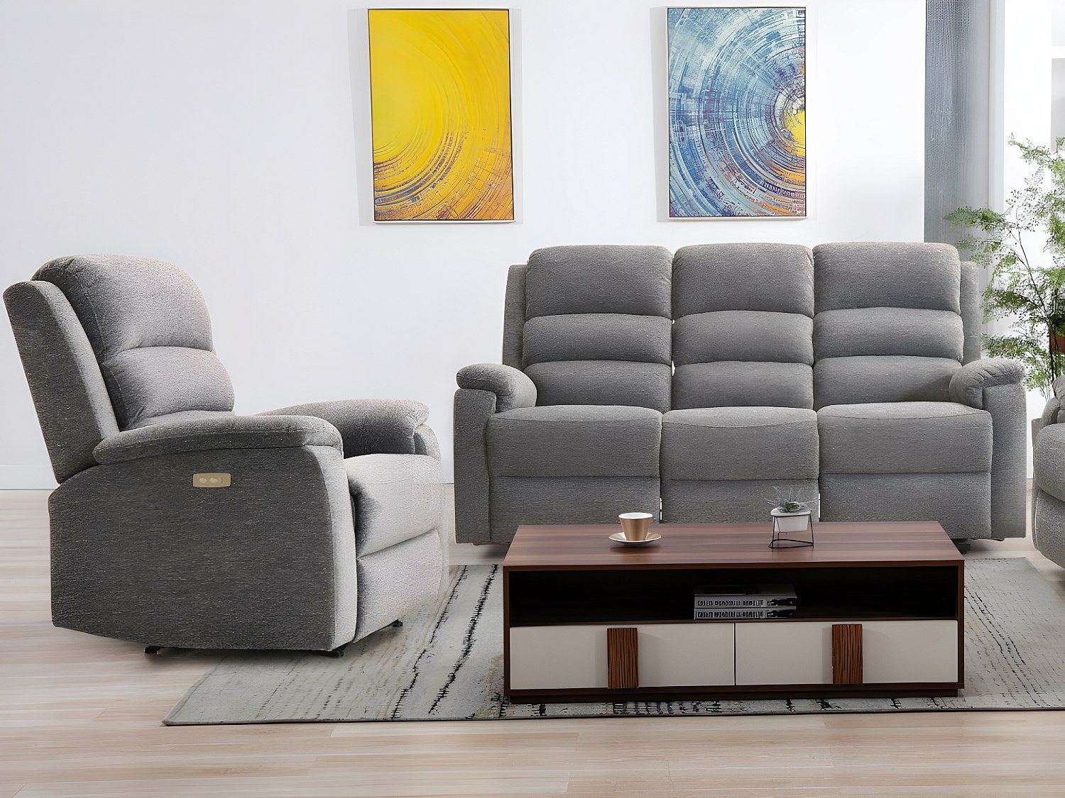 Kanapa 3-osobowa i fotel z tkaniny z elektryczną funkcją relax NEVERS - Szara