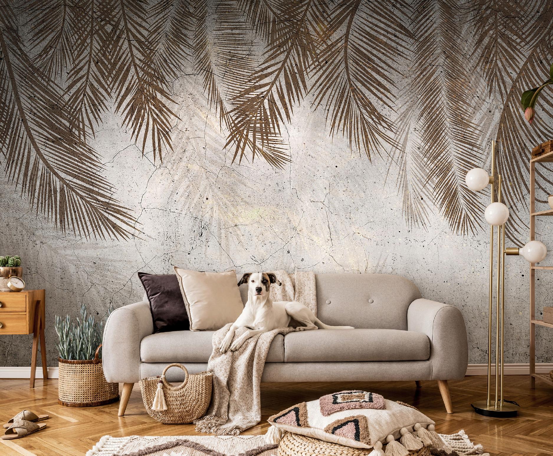 Papel pintado panorámico de hojas de palmera y plumas 350 x 250 cm - Incluye pegamento - Dormitorio y salón - Moderno - 2