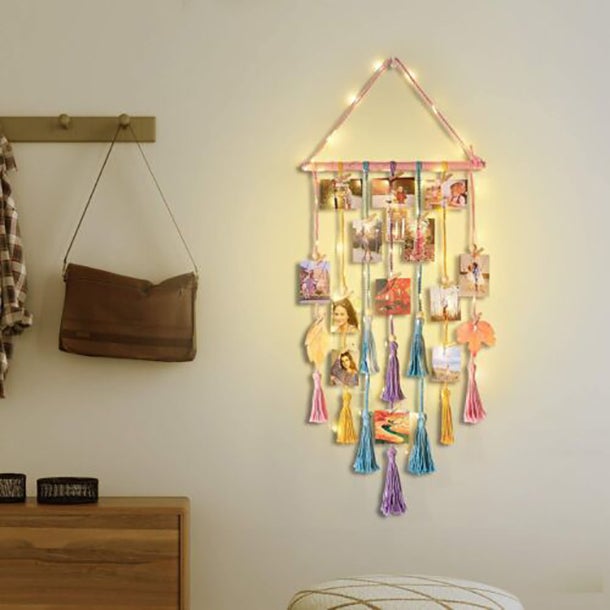 Decoração de parede para exposição de fotos, moldura em macramé boho, porta-fotos com luz e 20 clipes, presentes - 6