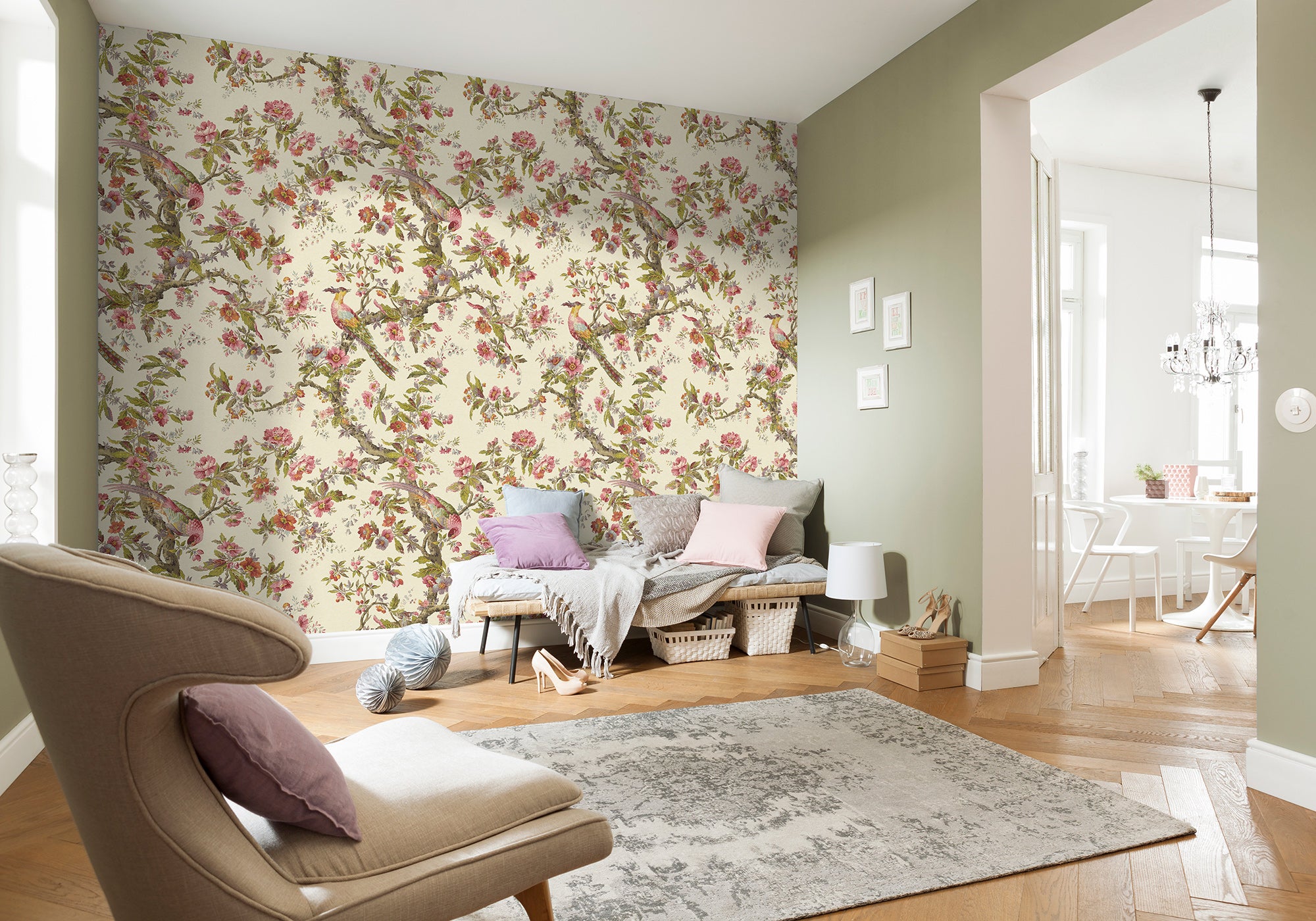 Fototapeta kwiaty i ptaki różowymIzielonym - 400 x 280 cm - SANDERS &amp; SANDERS