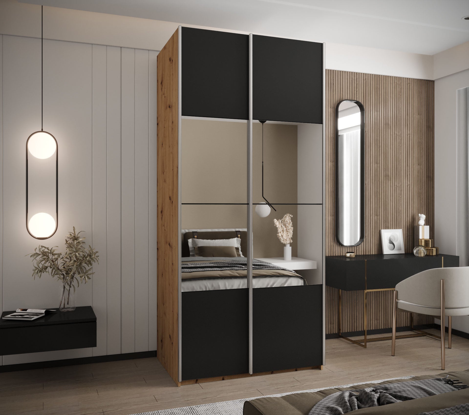 Szafa przesuwna wysoka Lux 4 100 x 64 x 245,5 cm artisan + czarny + u. srebrny - Abiks Meble - 2