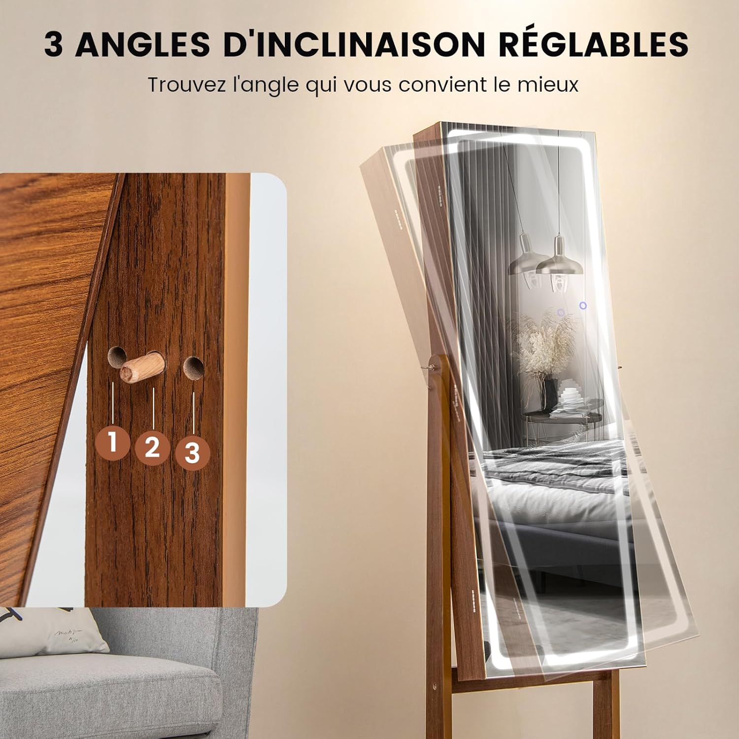 Armoire à Bijoux avec Miroir sur Pieds, Grand Miroir Psyché Sans Cadre avec Éclairage LED 3 Couleurs, avec 3 Angles Ajustables (Noyer) - 8