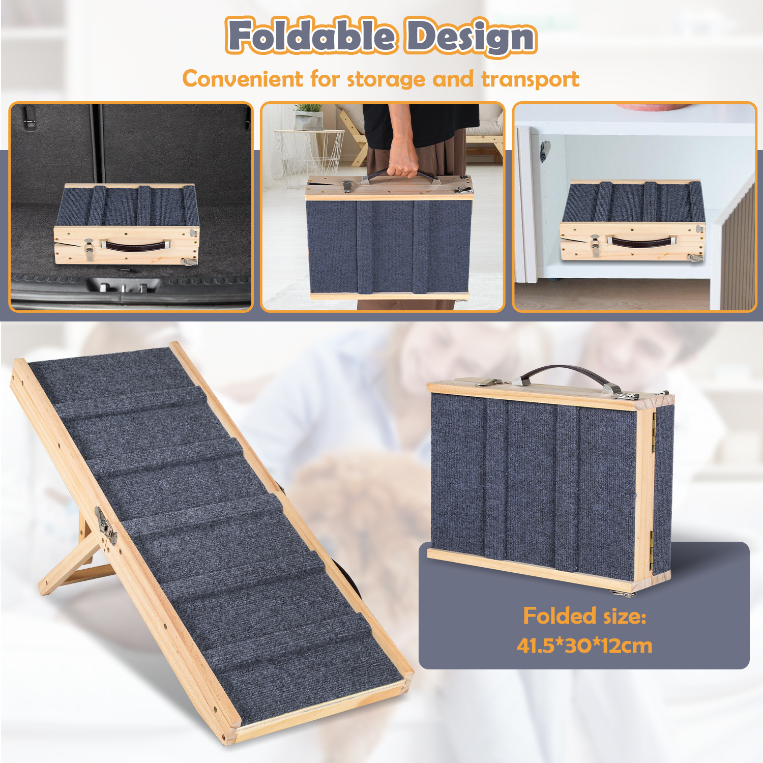 Rampa plegable de madera para perros y mascotas con alfombrilla de tracción antideslizante de 5 patas - 4