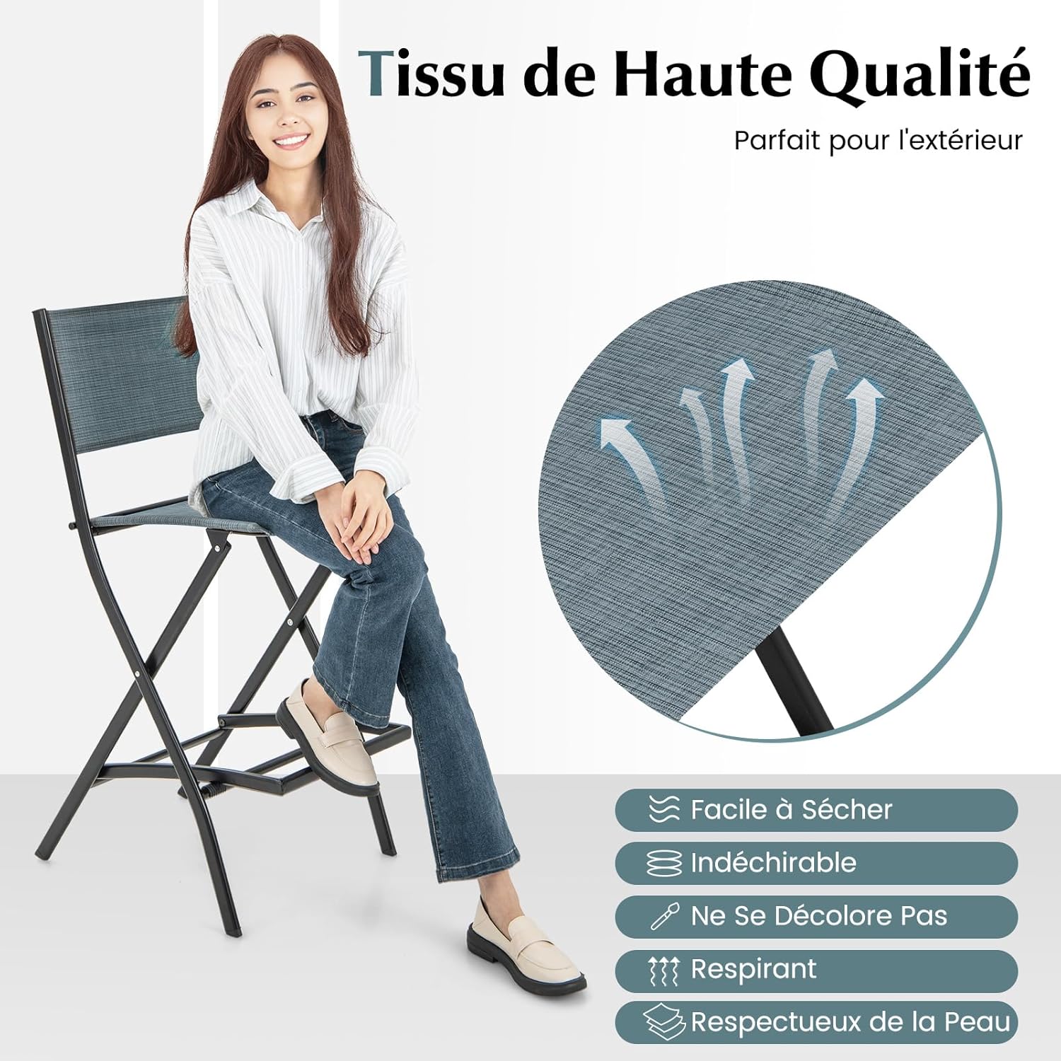 Set di Sgabelli da Bar 2 Pezzi, Sedie Alte e Pieghevoli con Telaio in Metallo e Poggiapiedi, Sedie da Bar per Balcone, Giardino e Piscina (Blu - 6