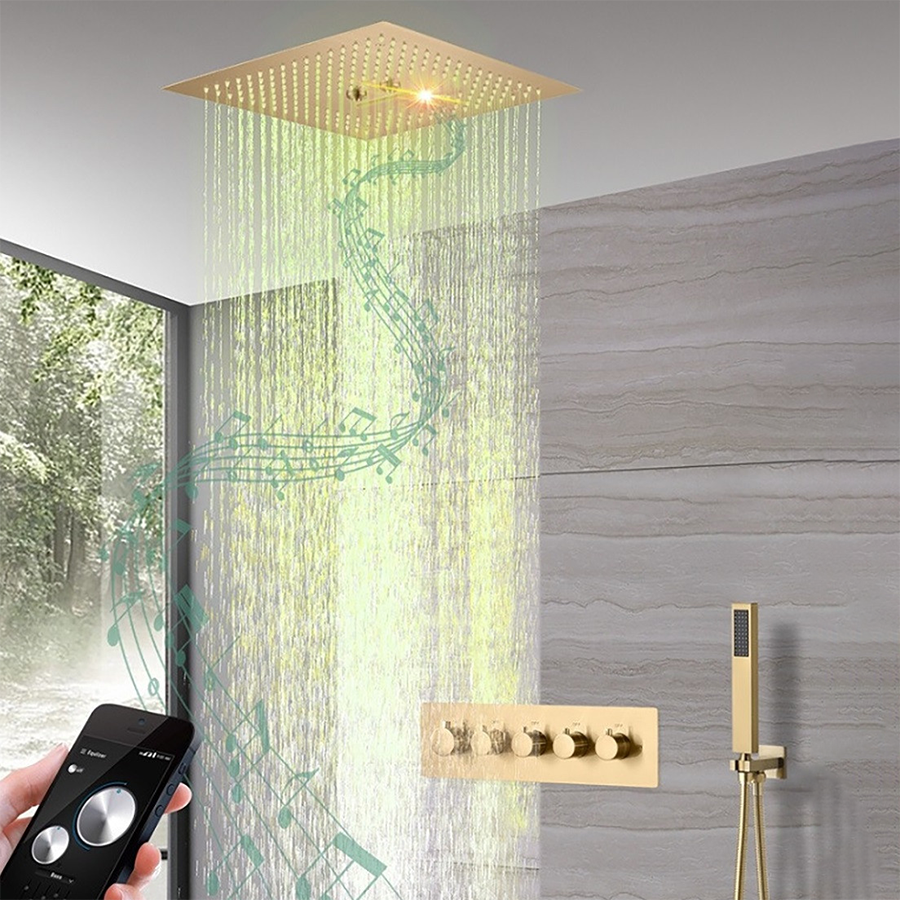 📶 Deszczownica połączona LED złoty szczotkowany „Caracas” – 4 funkcje i Bluetooth