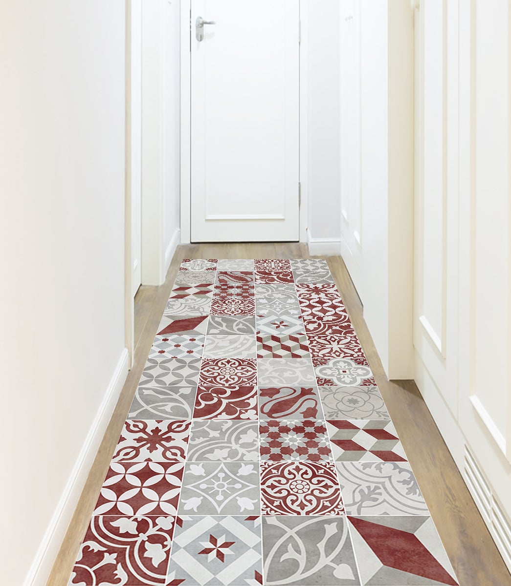 Dywan winylowy antique czerwony 80x300 cm - antypoślizgowy PVC, winylowy do kuchni lub salonu, zmywalny, styl hydrauliczny