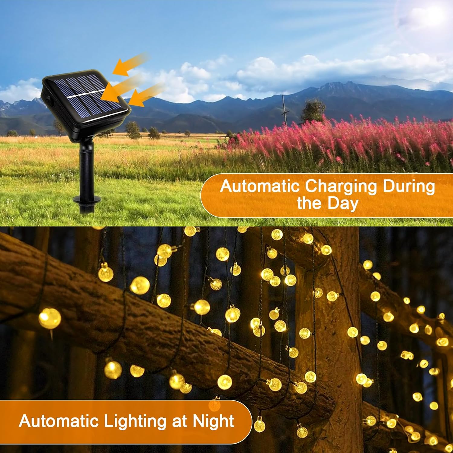 Guirnalda de luces solares para exterior, 6,5 m, 30 LED, 8 modos, ideal para jardín, balcón y terraza (luz blanca cálida) - 2