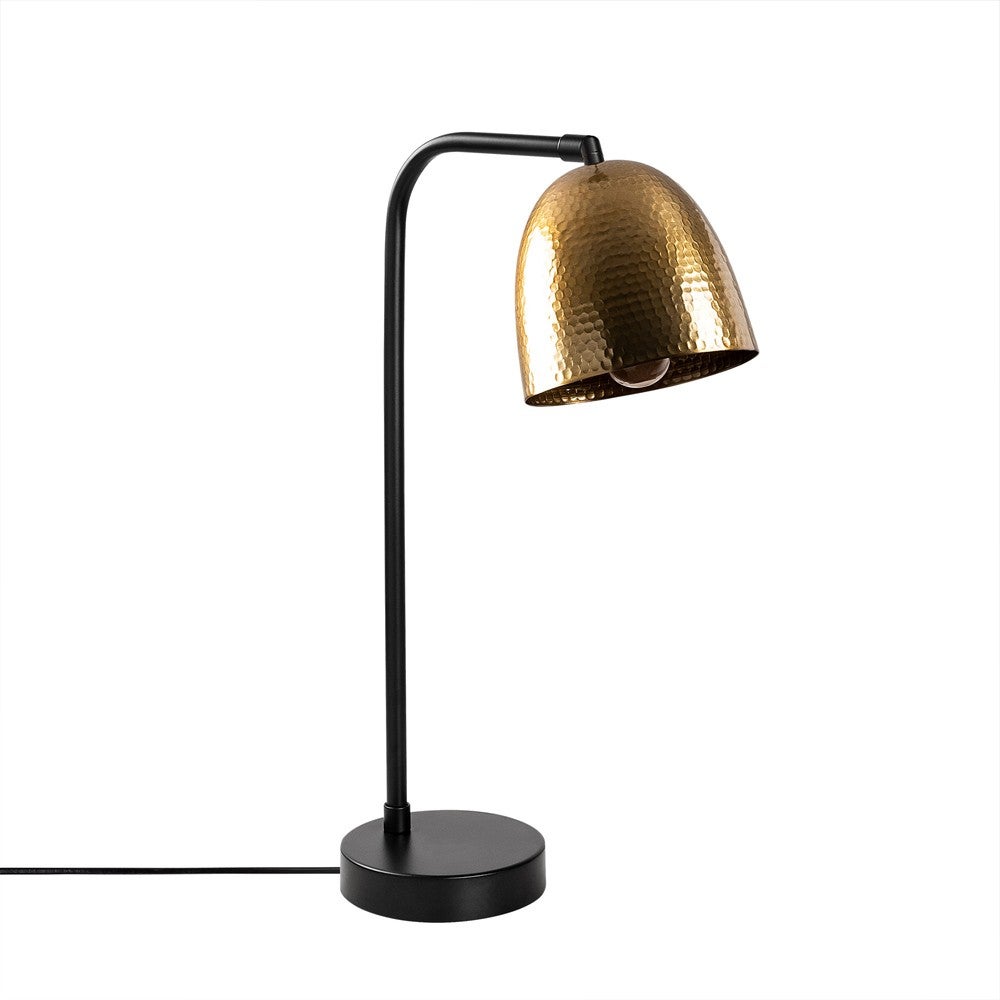 Lámpara de mesa asney nórdico de base redondeada negra y pantalla ligeramente orientable dorado con efecto relieve