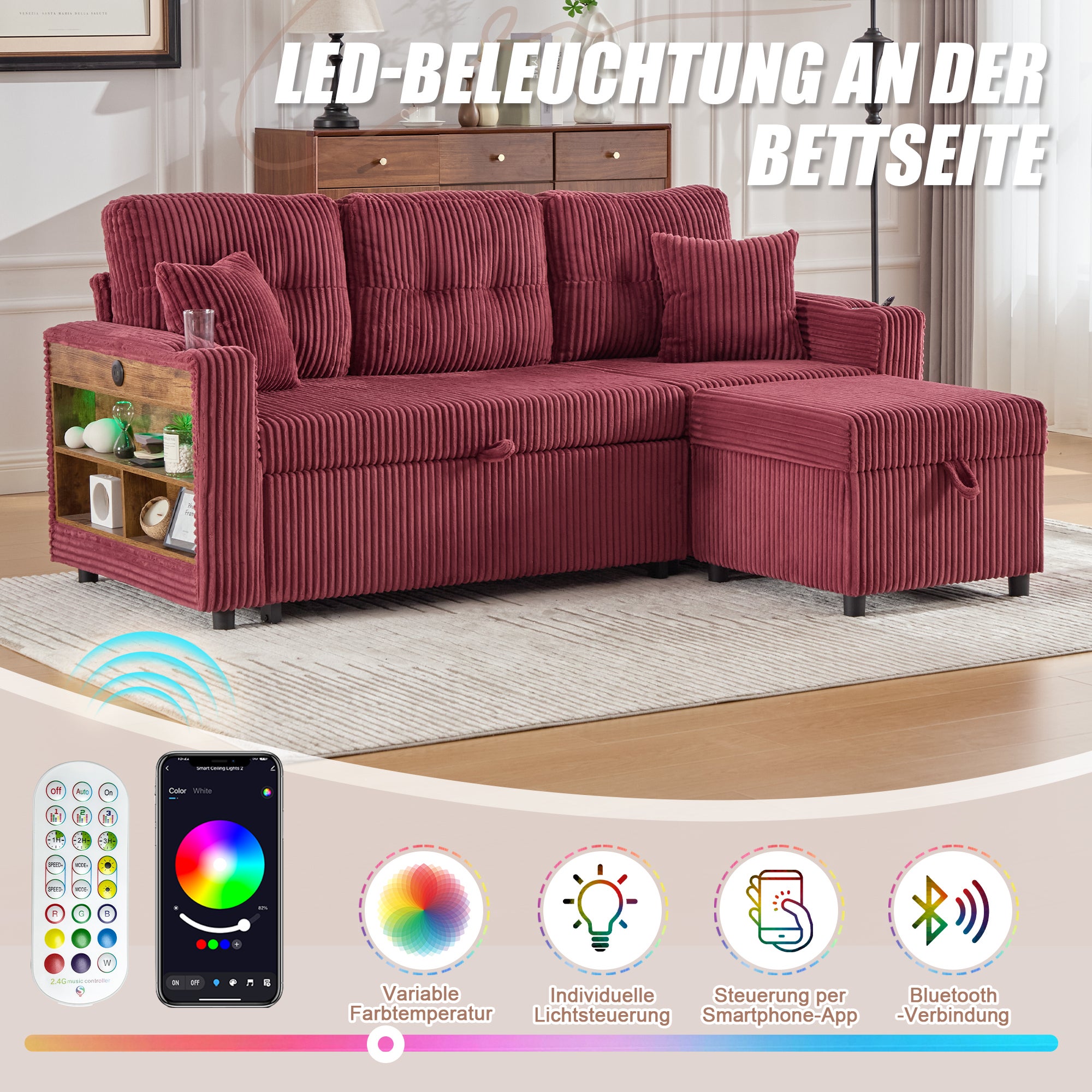 Canapé multifonctionnel en velours côtelé - Rangement + Lit pliant + USB-C + Éclairage d'ambiance + Porte-gobelet (Salon/Chambre d'amis) - 5