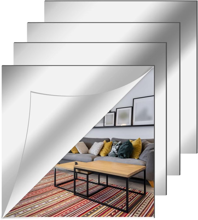 Miroir mural autocollant, miroir acrylique flexible carré antidéflagrant à coller pour salle de bain, salon, chambre, 30 x 30 cm, lot de 4