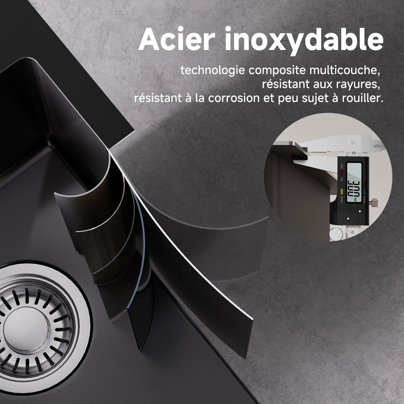 Cecipa max Évier de Cuisine 1 Bac 30*45*19CM, Évier Inox Évier 1 Bac Noir - Evier à encastrer/ Evier à poser - 6
