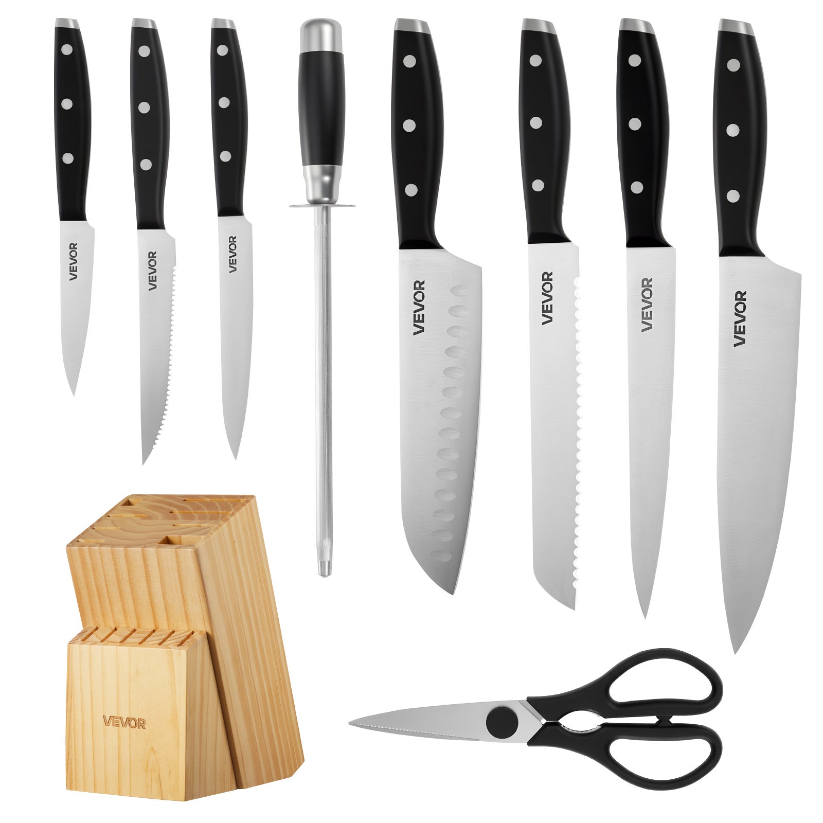 Set Couteaux Cuisine VEVOR avec Bloc et Aiguiseur 15PCs, en Inox à Haute Teneur, Coutellerie Cuisine avec Manche Ergonomique, pour Cuisinier Amateurs - 9