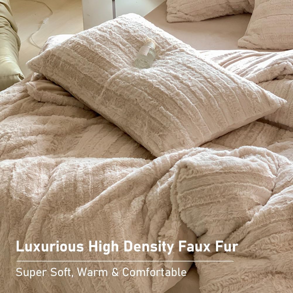 Housse de Couette Peluche 220x240 Beige + 2 Taies 65x65cm - 3