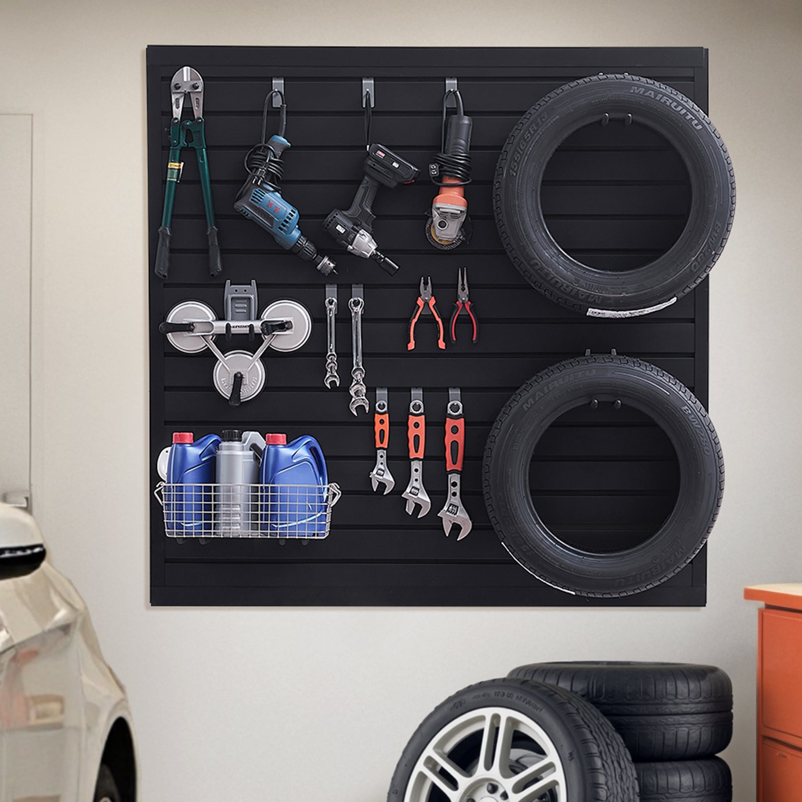 Panneau à Lattes Mural Garage,VEVOR 1230 x 1235 mm,Panneau Rangement Outils PVC avec Conception Modulaire,Porte-outils Mural pour Affichage,Noir - 8