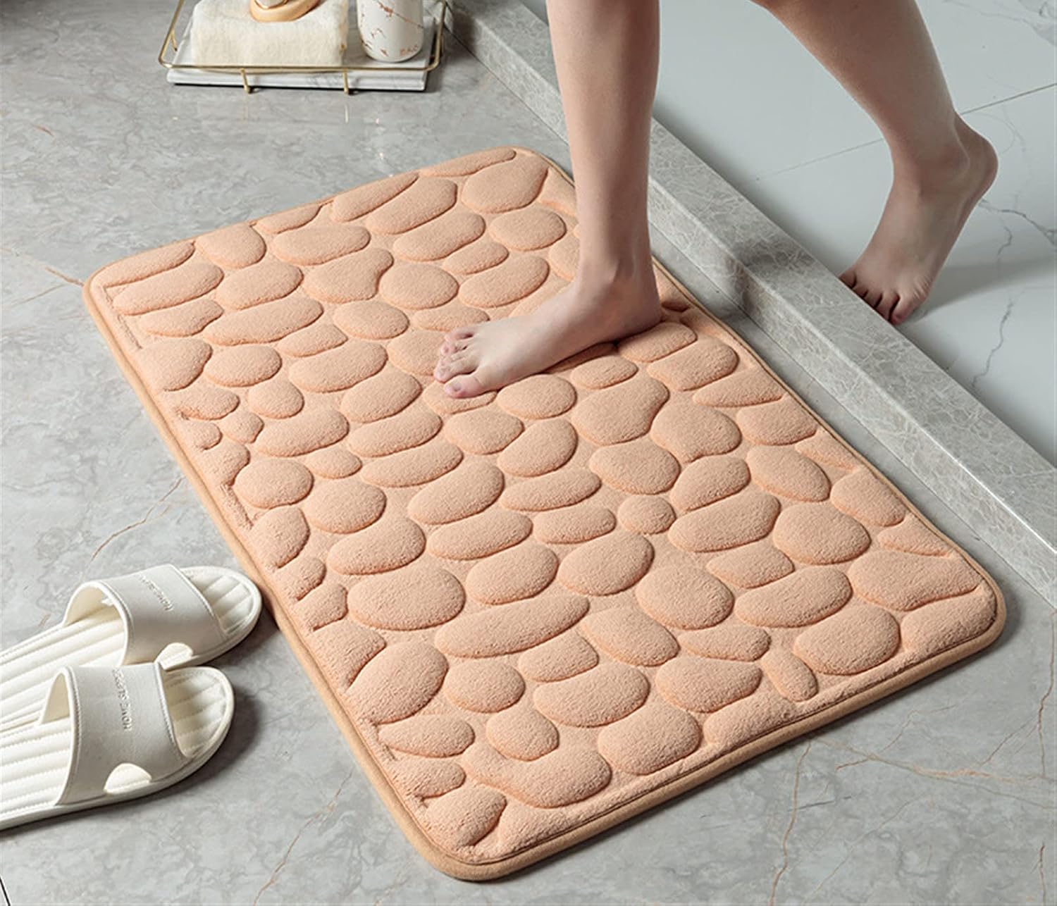 Mata łazienkowa antypoślizgowa - Wzór kamyków - Zapobiega poślizgom na płytkach - 40 x 60 cm, kolor camel