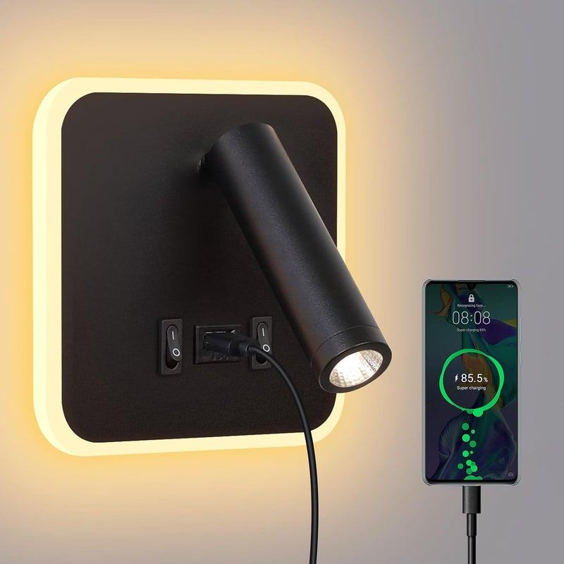 Lampka nocna LED, lampa ścienna z włącznikiem i ładowaniem USB, 3W + 10W obrotowa, czarna, do sypialni.