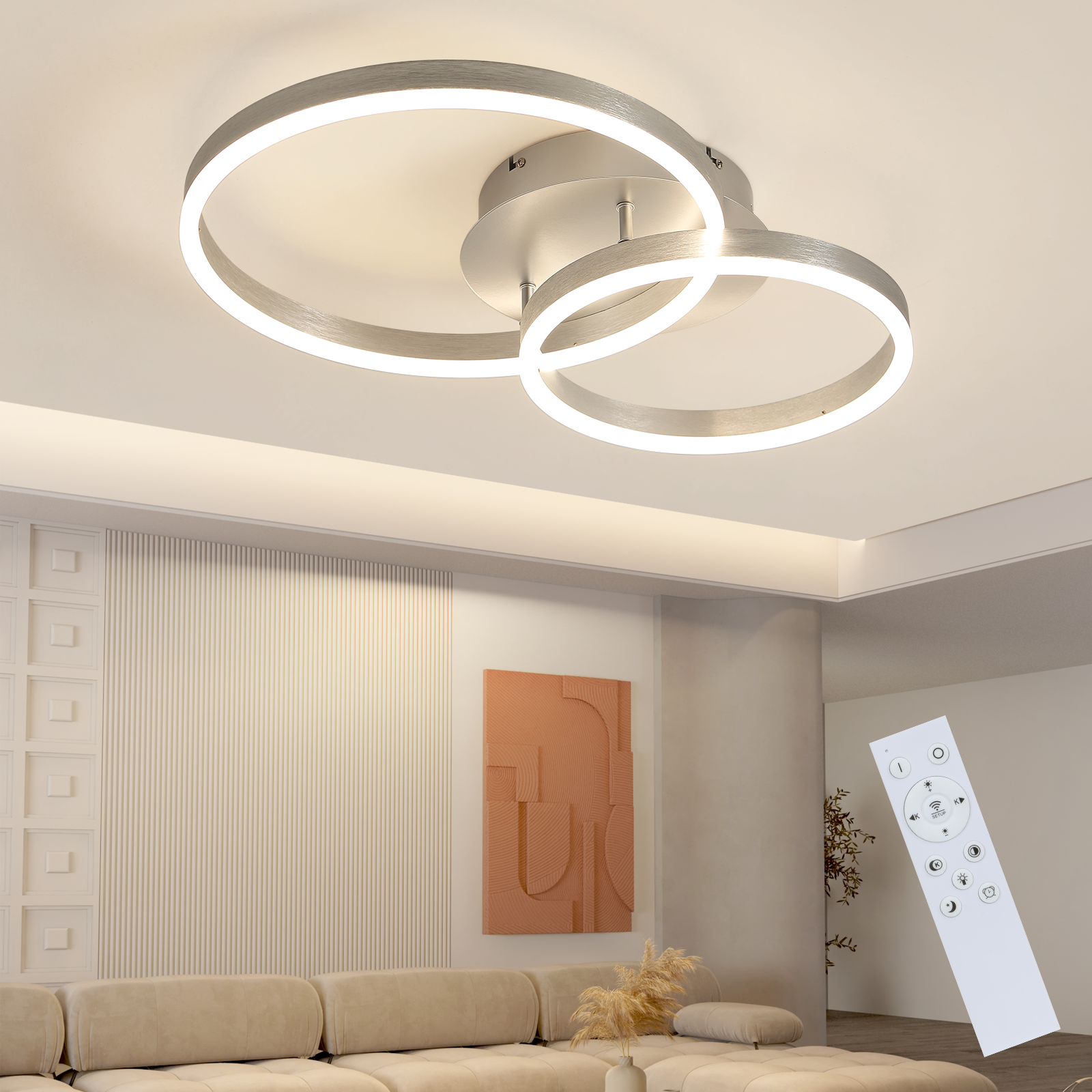 ZMH Lampada Da Soffitto A LED Dimmerabile – 59 Cm, 46W – Due Anelli Neri In Metallo – Con Telecomando – Per Camera, Soggiorno, Cucina