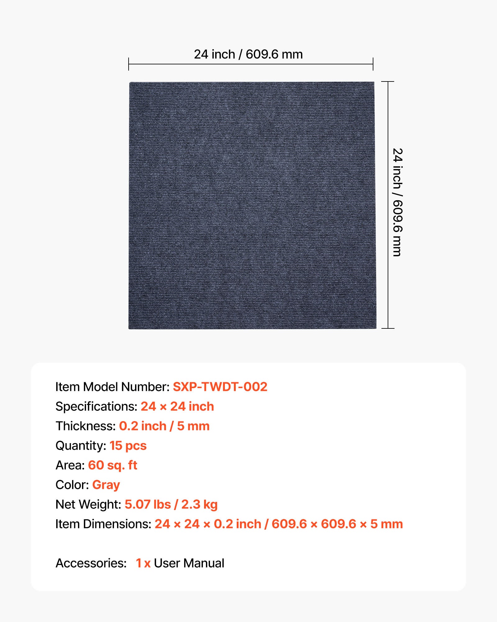 Dalles de moquette VEVOR 61x61 cm, lot de 15, autocollantes, revêtement commercial doux et rembourré, remplacement facile pour salon ou bureau, gris - 7