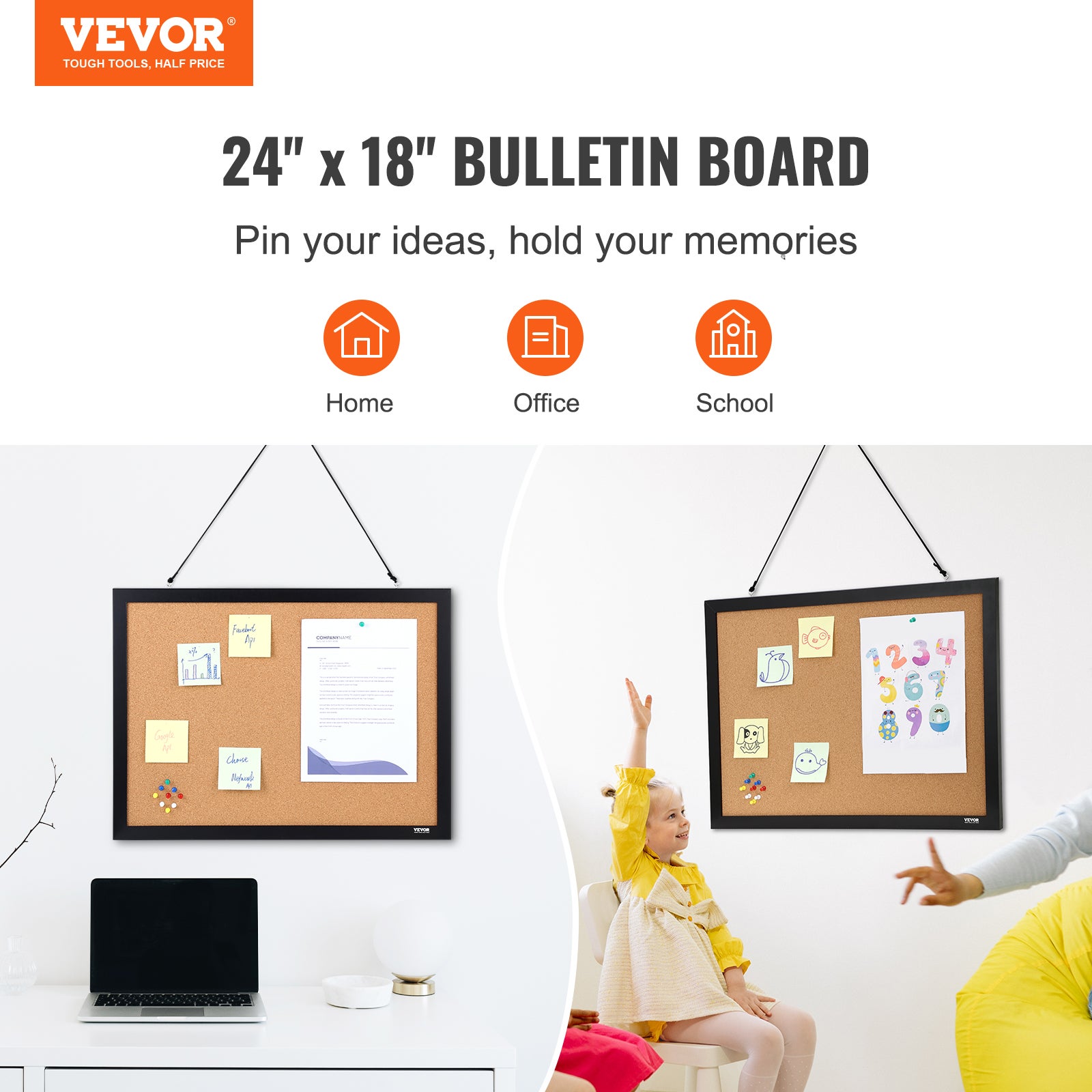 Tableau en Liege VEVOR 46x61 cm Tableau deAffichage Double-Face Panneau d’Affichage en Liege Haute Densite Auto-Reparatrice avec Cadre en MDF 10 Punai - 2