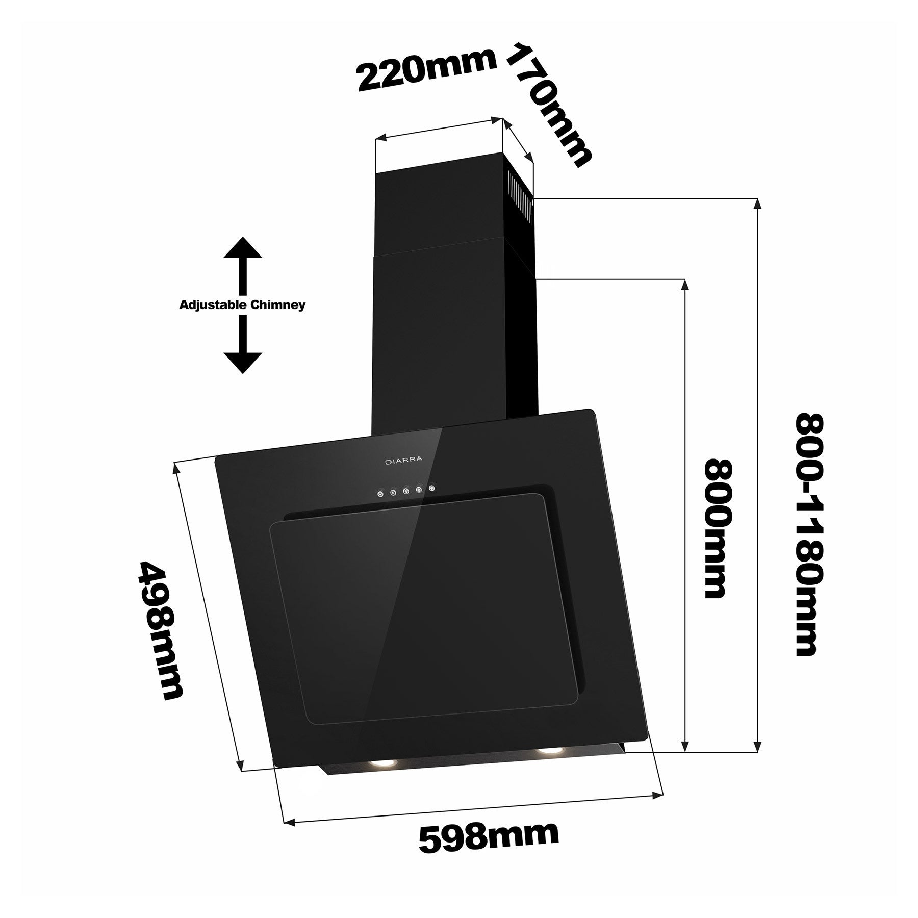 CIARRA Hotte Aspirante Inclinee 60 cm 370m³/h Classe A++ Filtre a Charbon Inclus Recyclage ou Evacuation Noir CD6737B - 5
