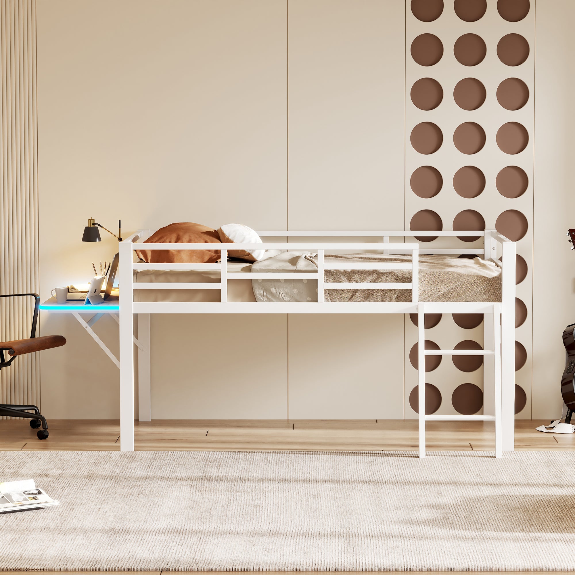 Lit Mezzanine Avec Banquette Convertible - 90x190 Cm, Structure Métal - Rangement Intégré, Réversible Gauche/droite - 8