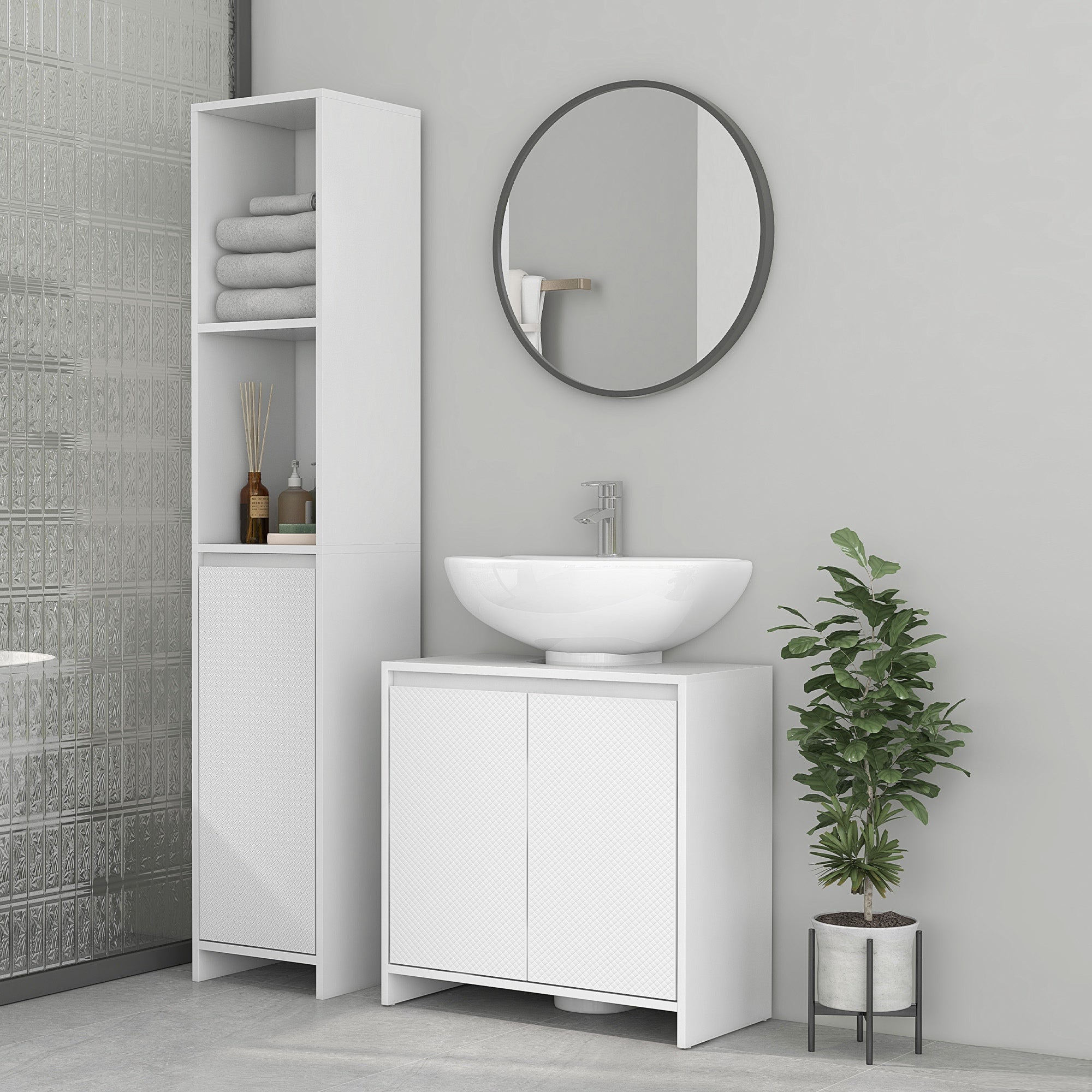 HOMCOM Mobile Sottolavabo Bagno con 2 Ante Decorate e Intaglio a U per Tubi, 60x30x60cm, Bianco - 2
